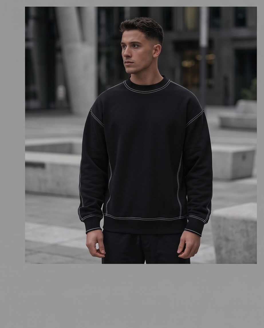 Last Leaf Contrast Stitch Heavyweight Sweatshirt (380 GSM) – Black