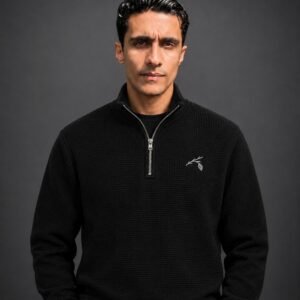 Last Leaf Branch Emblem Waffle Knit Quarter-Zip – Black