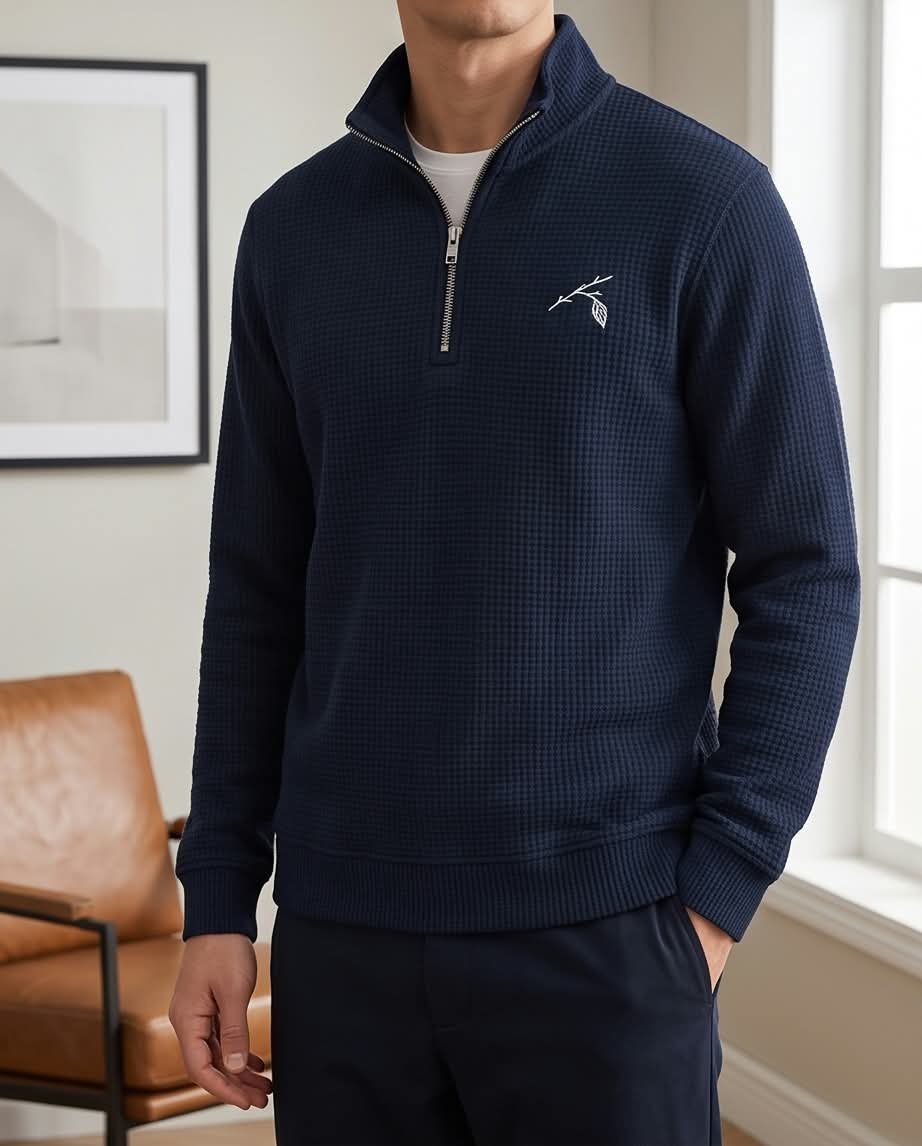 Last Leaf Branch Emblem Waffle Knit Quarter-Zip – Midnight Navy